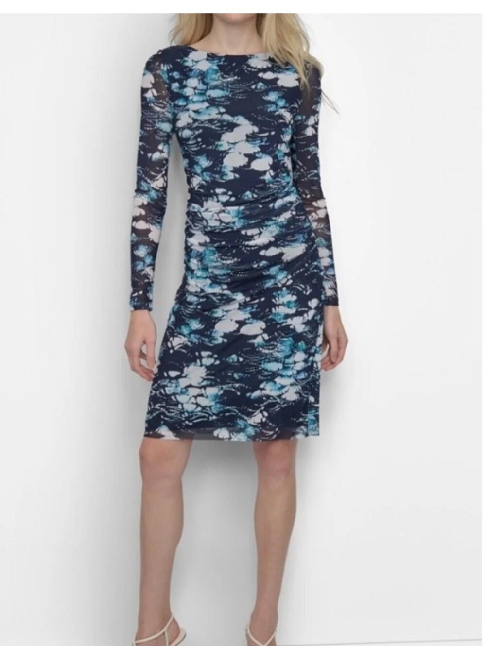 DKNY NWT Navy Blue Floral Mesh Ruched Long Sleeve Bodycon Sheath Dress Sz 12